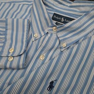 Ralph Lauren Mens 18 34/35 Blue White Striped Classic Fit Button Dress Shirt